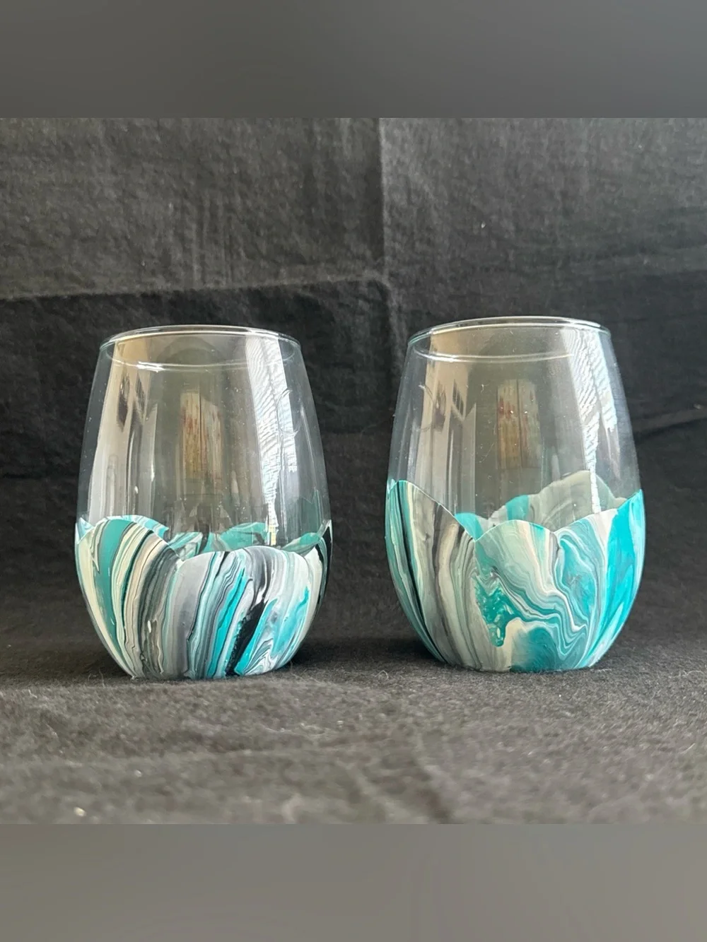 Water Marbled Stemless Wine Glasses Set Of 4 Handmade Unique Turquoise White